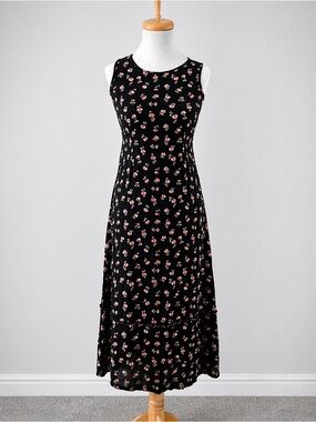 Vintage April Cornell Floral Midi Dress Black Pink Cottagecore Rayon